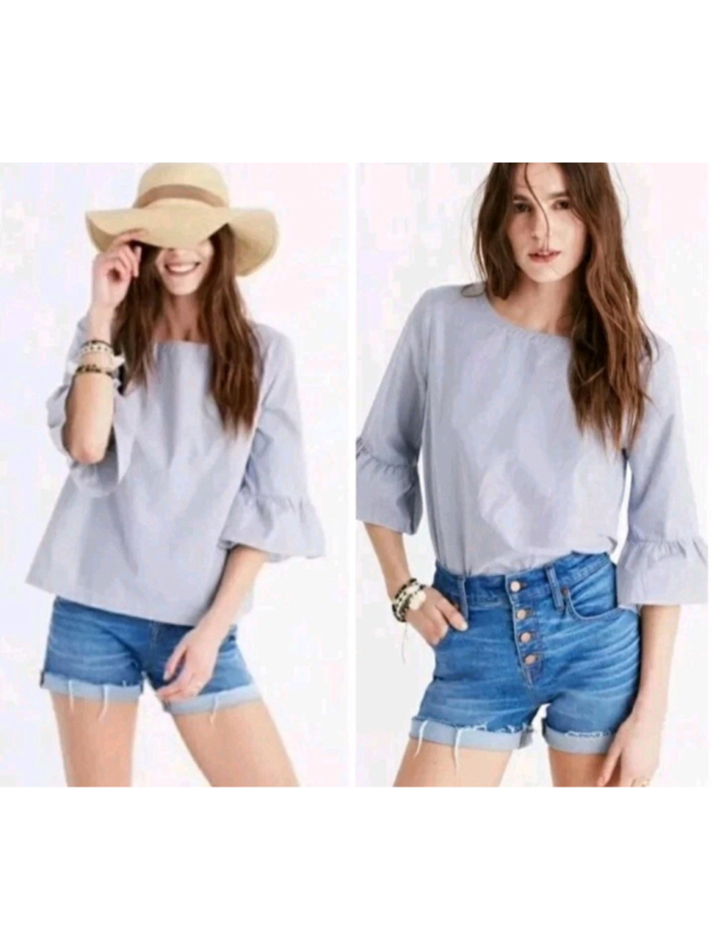 Madewell Pin Striped 3/4 Bell Sleeve Poplin Pullover Top Blue & White Medium
